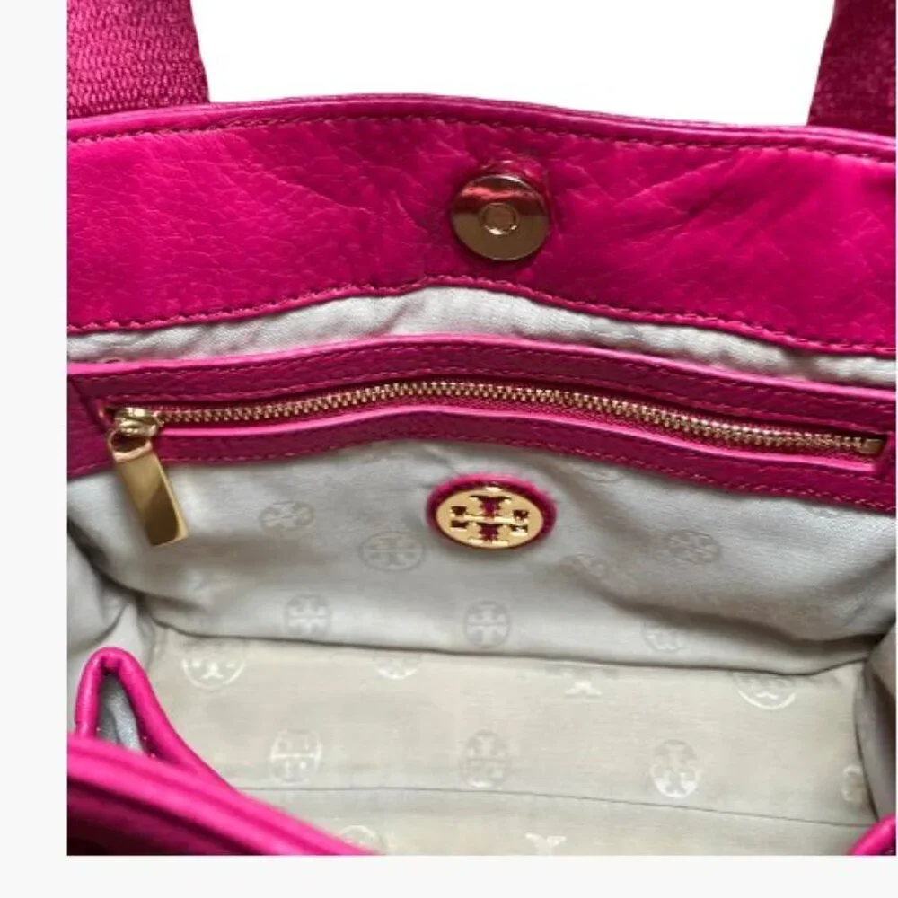 Tory Burch Ella   PM Party Host Pick   Small Leather and Canvas Tote Magenta EUC - Picture 10 of 14